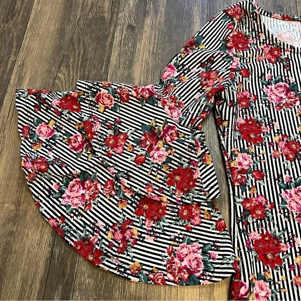 Hot Kiss Floral Fitted Sweetheart Neck Double Ruffled Bell 1/4 Long Sleeves S - Picture 4 of 9